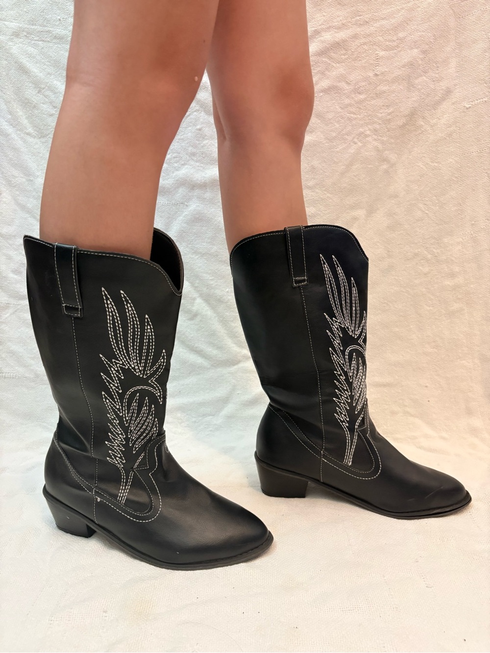 Black Embroidered Western Knee-High Boots - Picture 2 of 5
